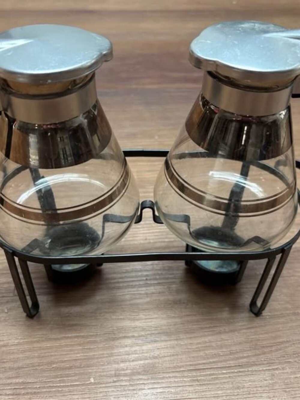 Vintage Inland Glass Works MCM Waffle or Syrup Set Twin Hot Servers